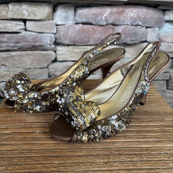 Kate Spade Gold Sequins Bow,  Brown Trim Sling Back Sandals Heels Open Toe 7.5 M